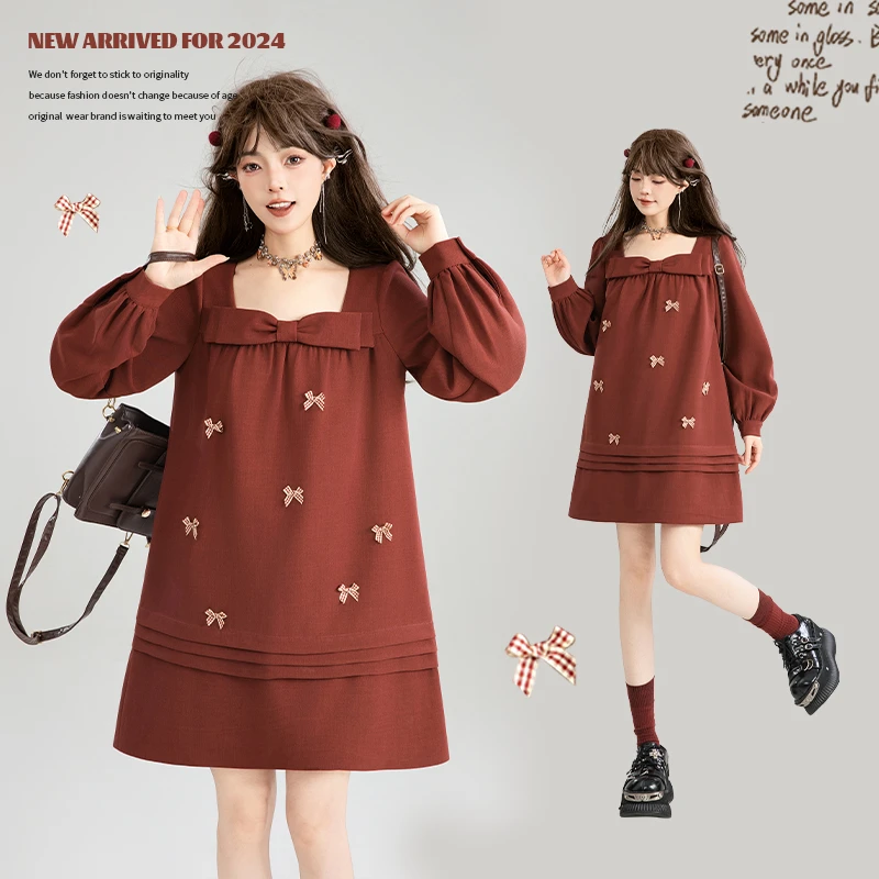 KEIKO 安哥拉红立体蝴蝶结饰连衣裙秋冬法式复古宽松显瘦短裙