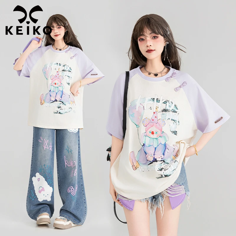 KEIKO 萌酷小丑印花短袖T恤女24夏季紫色插肩袖宽松减龄显瘦上衣