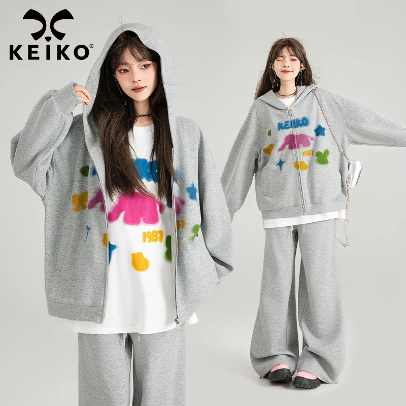 KEIKO 轻运动连帽卫衣套装女2024早秋喷印外套+休闲卫裤两件套