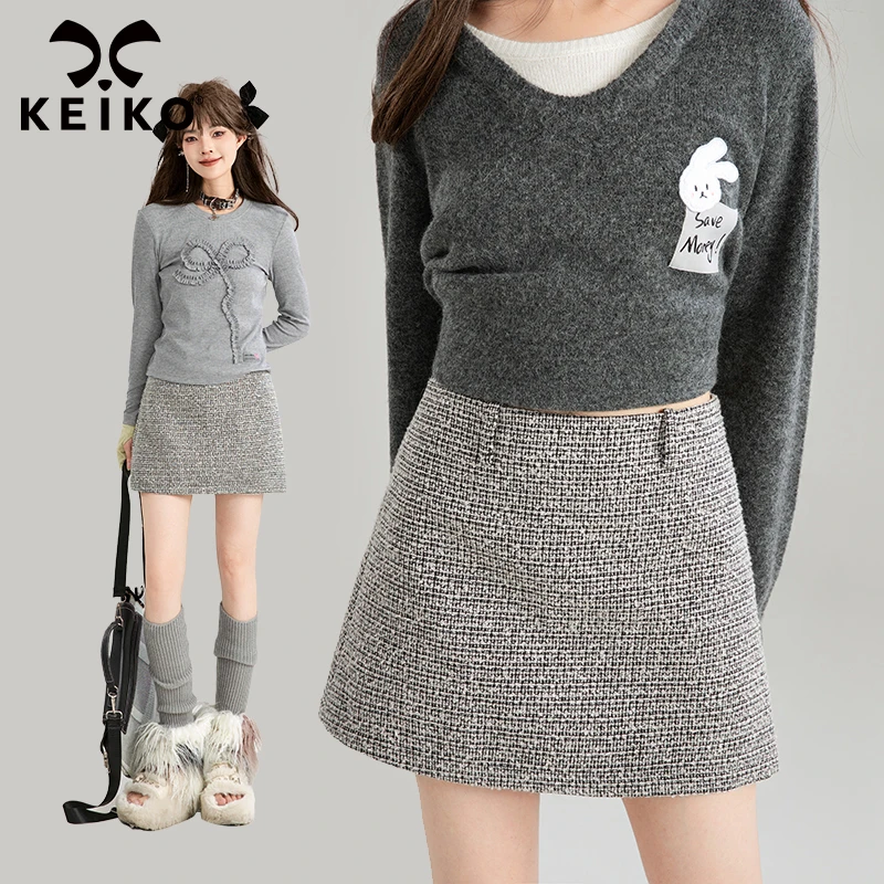KEIKO 编织肌理感花呢A字半身裙秋季复古高腰显瘦包臀短裙子