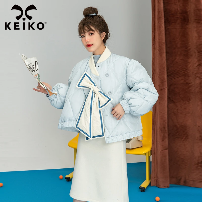 洋气减龄蝴蝶结扎花菱格棉服女冬季新款韩系棒球服加厚宽松外套