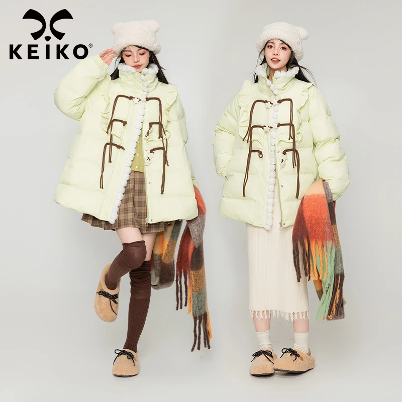 KEIKO 小众设计荧光绿棉衣外套冬季甜系加厚保暖立领棉服面包服