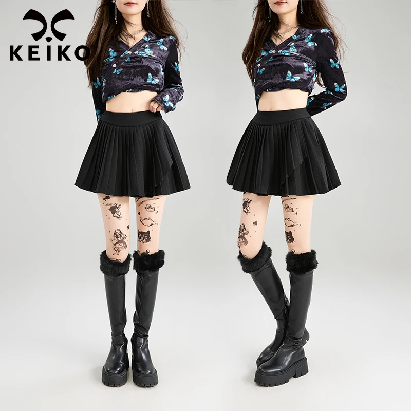 KEIKO 黑色不规则细褶百褶半身裙新款高腰显瘦蓬蓬A字jk短裙