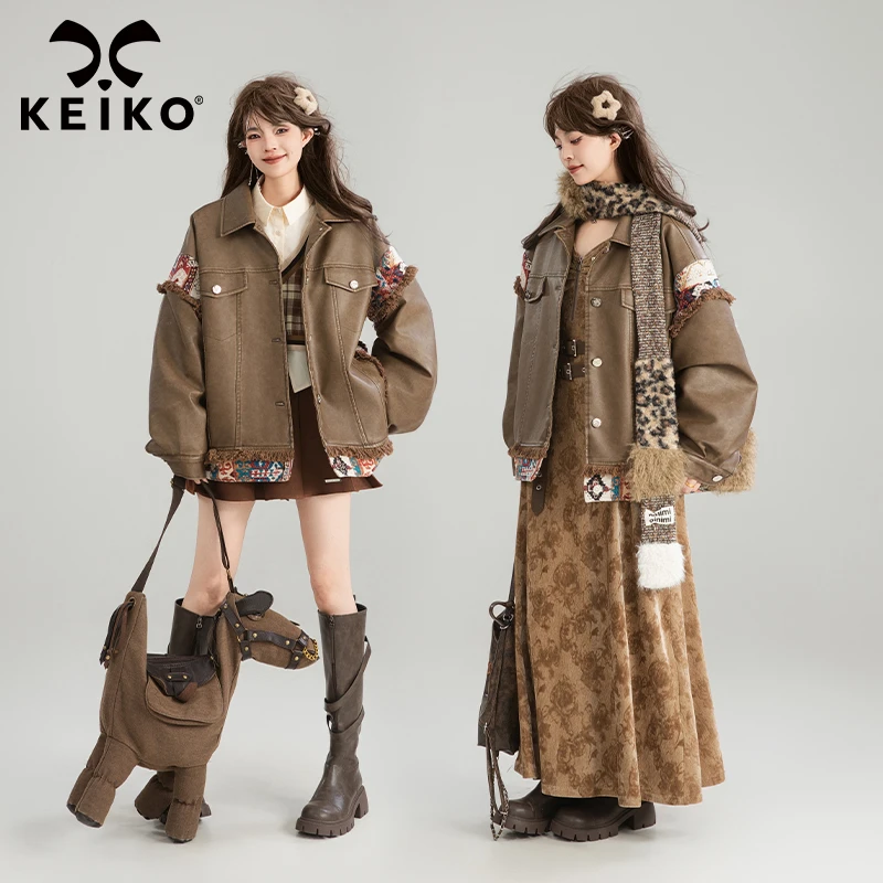 KEIKO [夹棉/保暖] 美拉德穿搭拼接皮衣棉服秋冬复古皮夹克外套