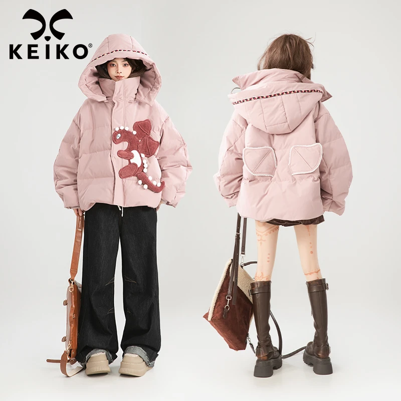 KEIKO 小恐龙饰粉色泡芙羽绒服冬季可卸连帽短款白鸭绒面包服外套
