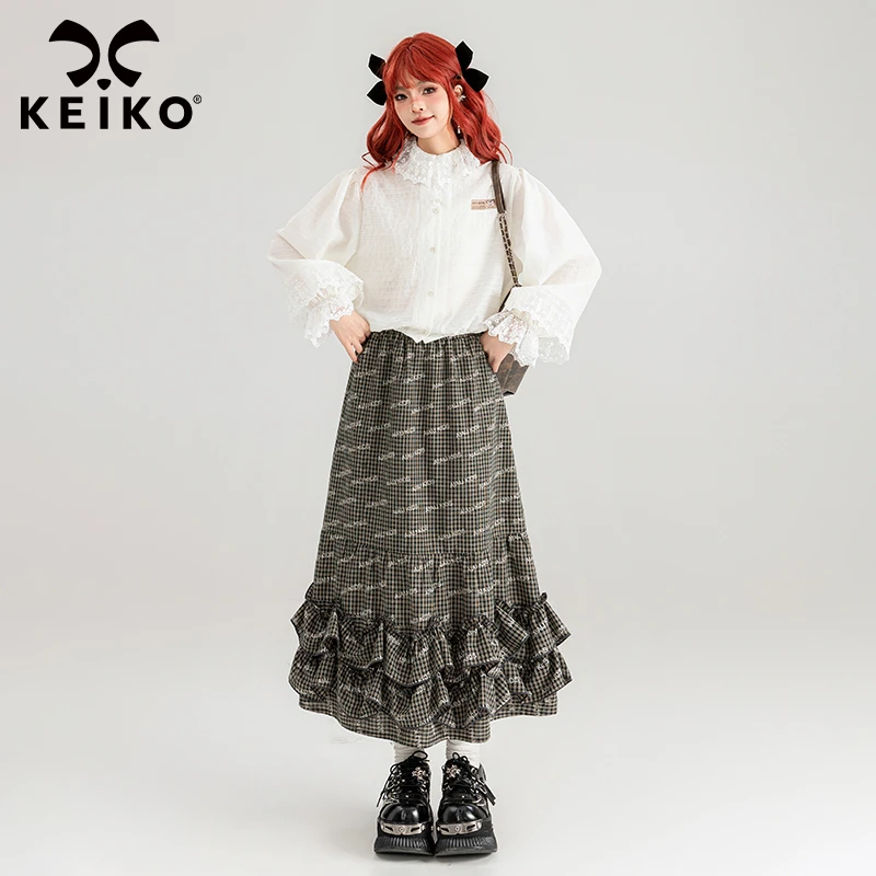 KEIKO [重工] 蕾丝花边饰白色衬衫女2024春夏洋气宽松泡泡袖上衣