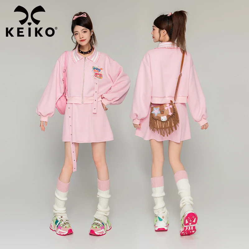 KEIKO 日系粉色翻领短外套女2024秋季软妹风拉链卫衣+吊带裙套装