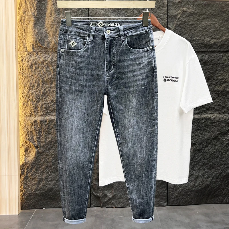 九分春夏款弹力牛仔裤男修身弹力男士合体小脚裤男百搭#J6901春夏