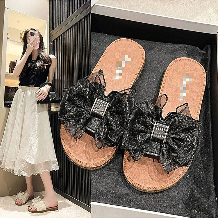 拖鞋女厚底外穿2024夏季新款平底牛筋软底一字拖鞋百搭蝴蝶结凉拖