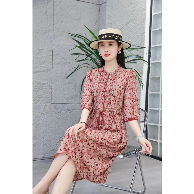 【千姿艳】3635洋气花边领小碎花抽绳百搭气质印花中长款女装连衣裙