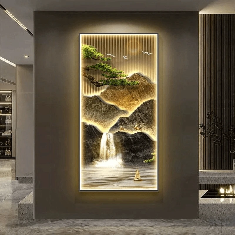 迎客松新中式玄关装饰画入户正对门挂画高档轻奢走廊过道山水壁画