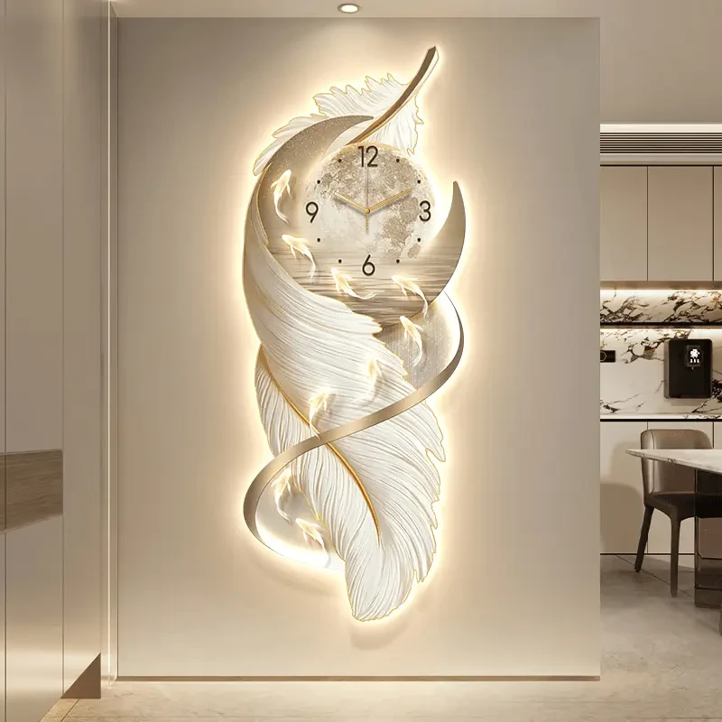 现代轻奢玄关装饰画带钟表羽毛走廊过道九鱼图大白墙高级感挂画