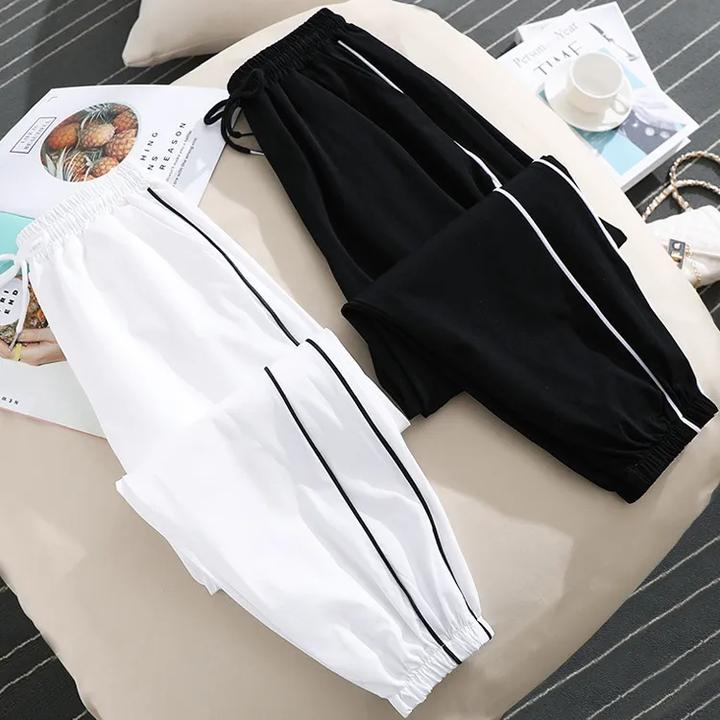 冰丝条纹运动裤子女夏薄款宽松束脚防蚊灯笼裤休闲防晒速干九分裤