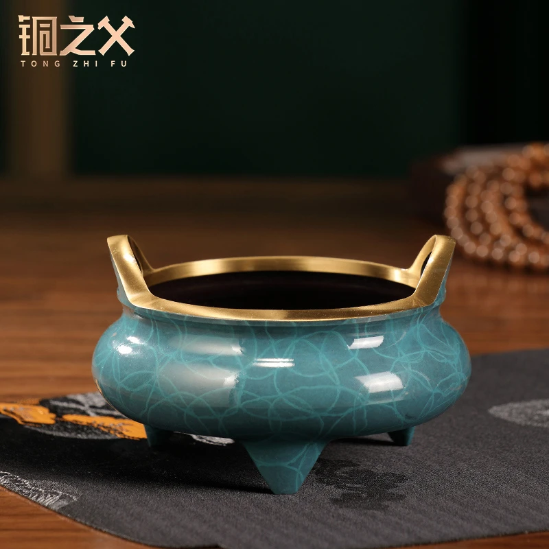 铜之父【双耳烧蓝铜】香炉家居工艺品摆件办公室玄关中式礼品开业