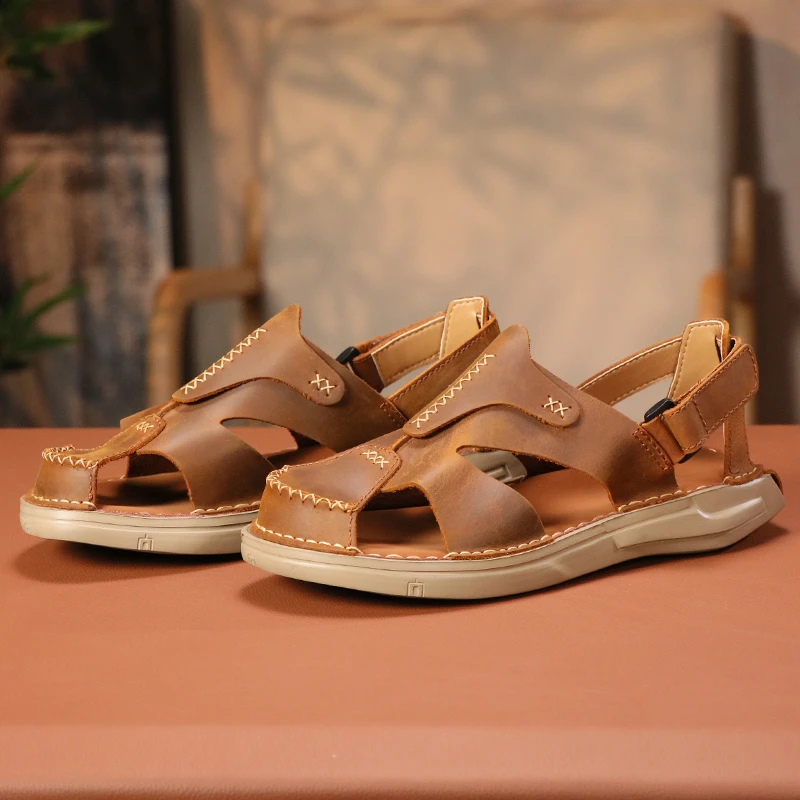 2024夏季新款手工缝制轻底牛皮凉鞋透气舒适男士两穿包头男鞋外穿