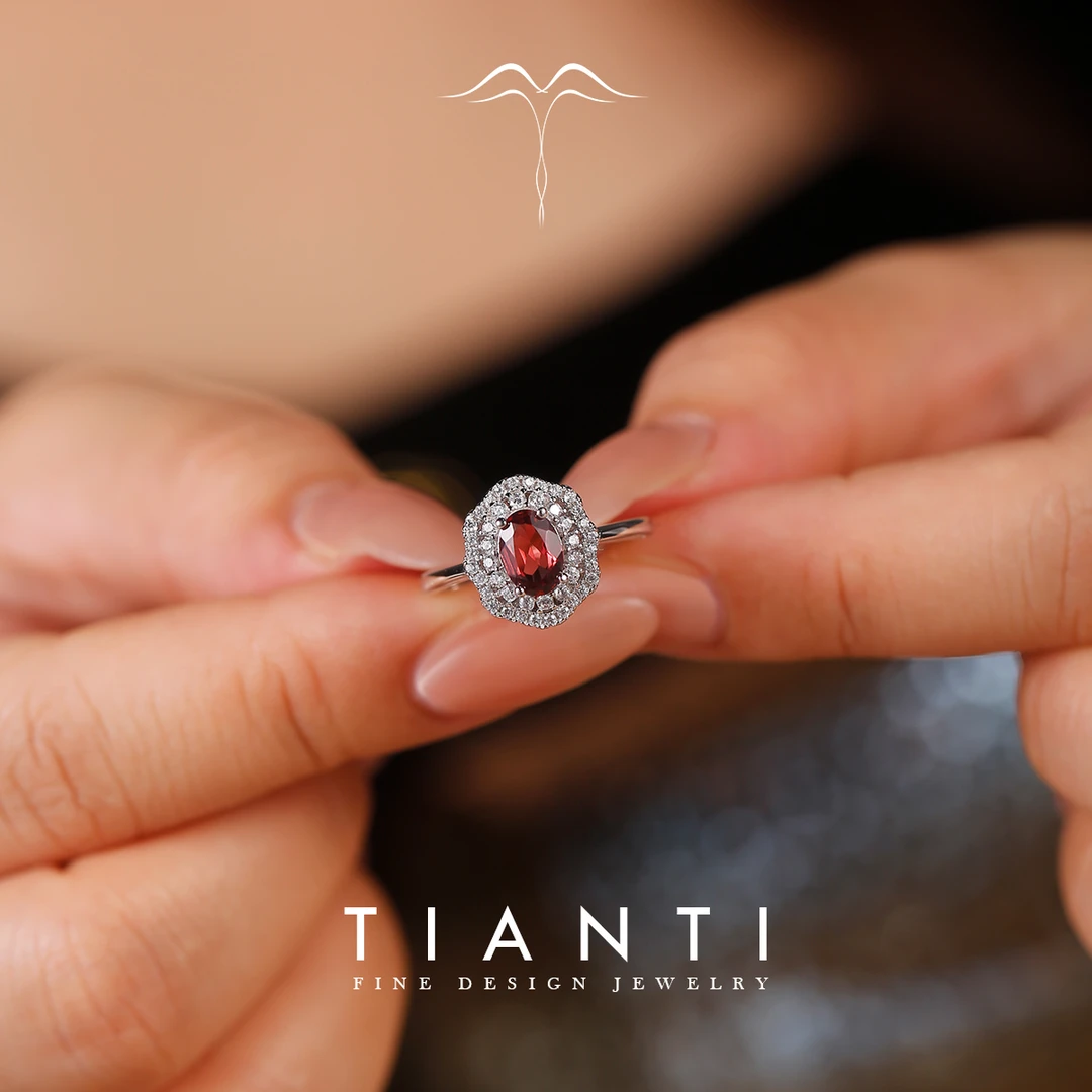 TIANTI/天缇【花拾】天然石榴石鸽血红宝石戒指女士S925银镀铂金