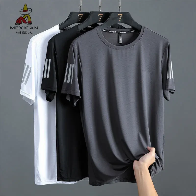 稻草人薄户外冰丝速干t恤男士运动跑步透气弹力冰感网眼夏季短袖