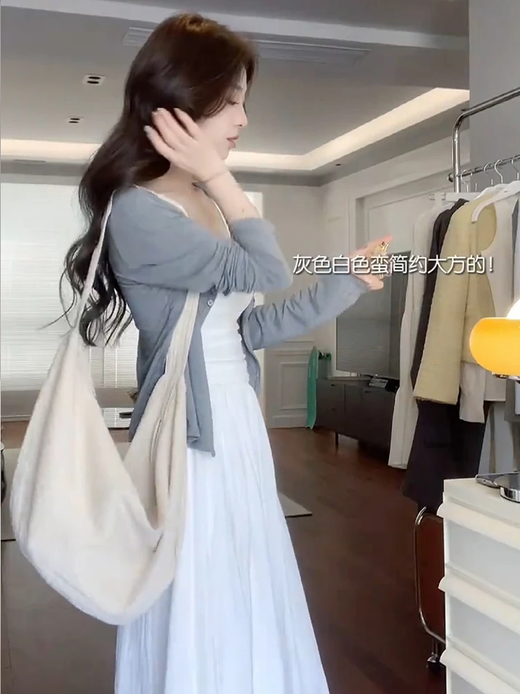 显瘦灰色薄款短款针织开衫女装新款外搭吊带罩衫防晒外套春秋上衣