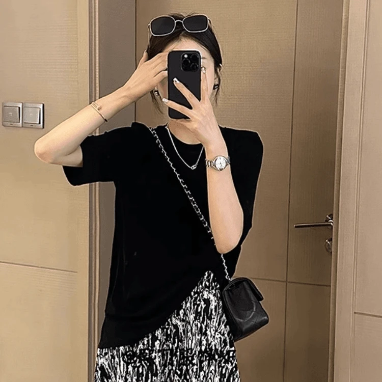 防晒套头短袖落肩上衣女夏季新款设计感小众时尚别致开衩醋酸T恤