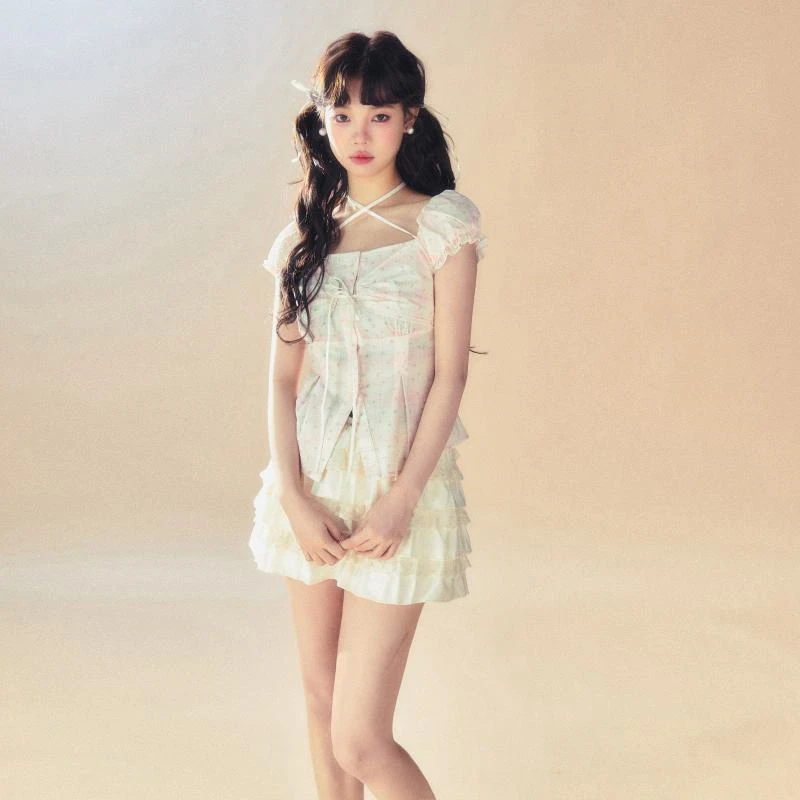 SunsetPark日落公园 "落日柑橘"绑带粉色格纹衬衫短袖夏季上衣女