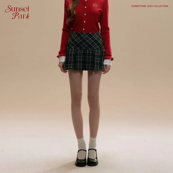 SunsetPark日落公园 "伯克利学院"刺绣毛呢百搭黑白格纹百褶裙冬