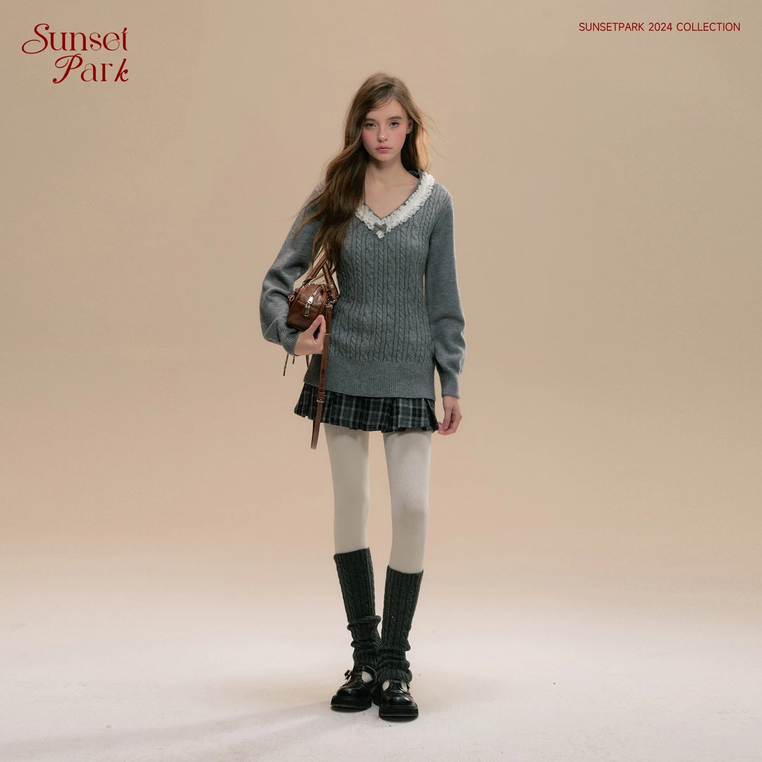 SunsetPark日落公园  学院时髦知识分子 复古收腰中长款毛衣针织