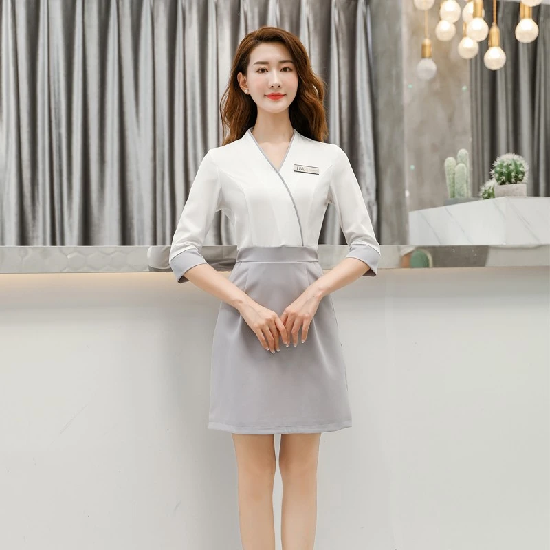 美容师工作服女秋冬气质显瘦足浴养生馆SPA美甲足浴美容院连衣裙