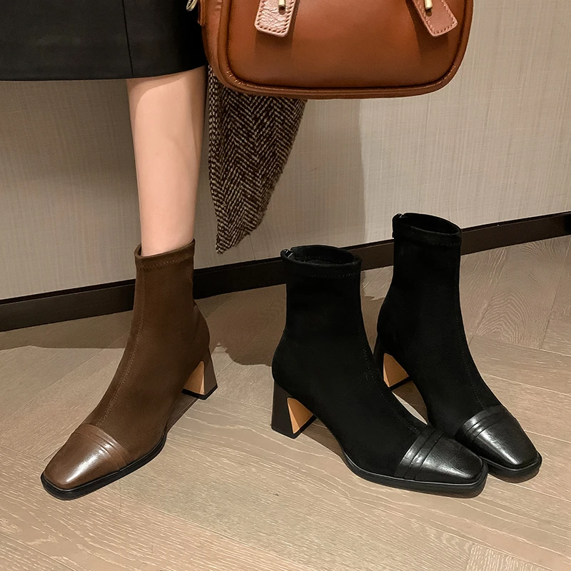方头高跟洋气短靴气质真皮拼接粗跟瘦瘦靴女秋冬韩版绒面弹力袜靴