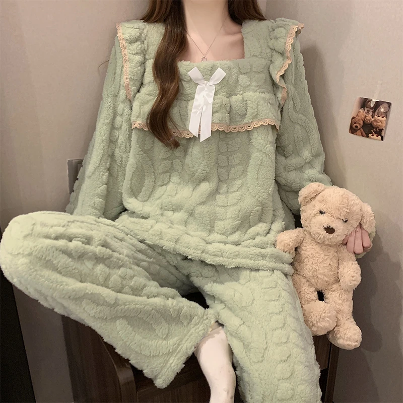 睡衣女秋冬季珊瑚绒甜美公主风加绒套装新款加厚保暖法兰绒家居服