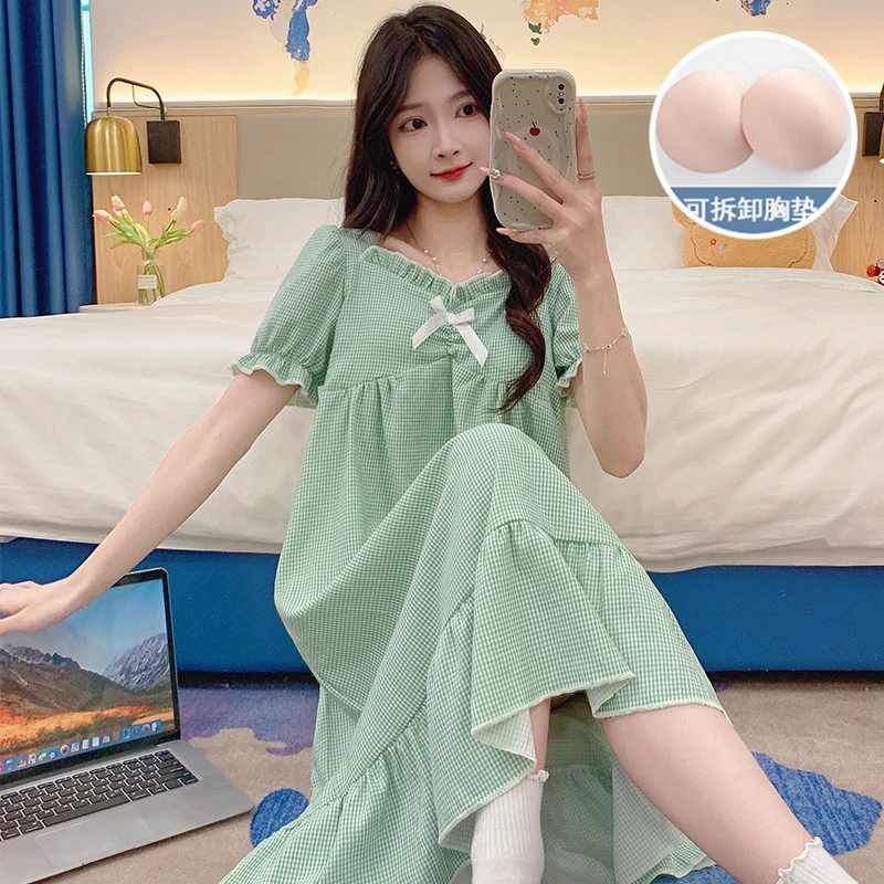 带胸垫睡裙女短袖夏季甜美宽松中长款睡衣2024新款女款爆款家居服