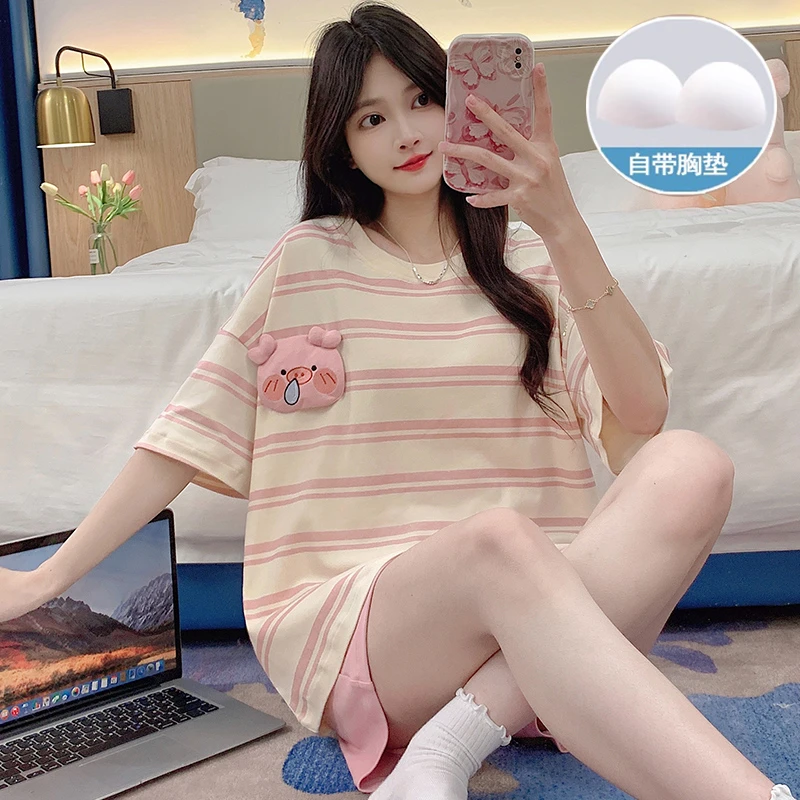带胸垫睡衣女夏季短袖纯棉套装新款2024年爆款女款网红夏天家居服