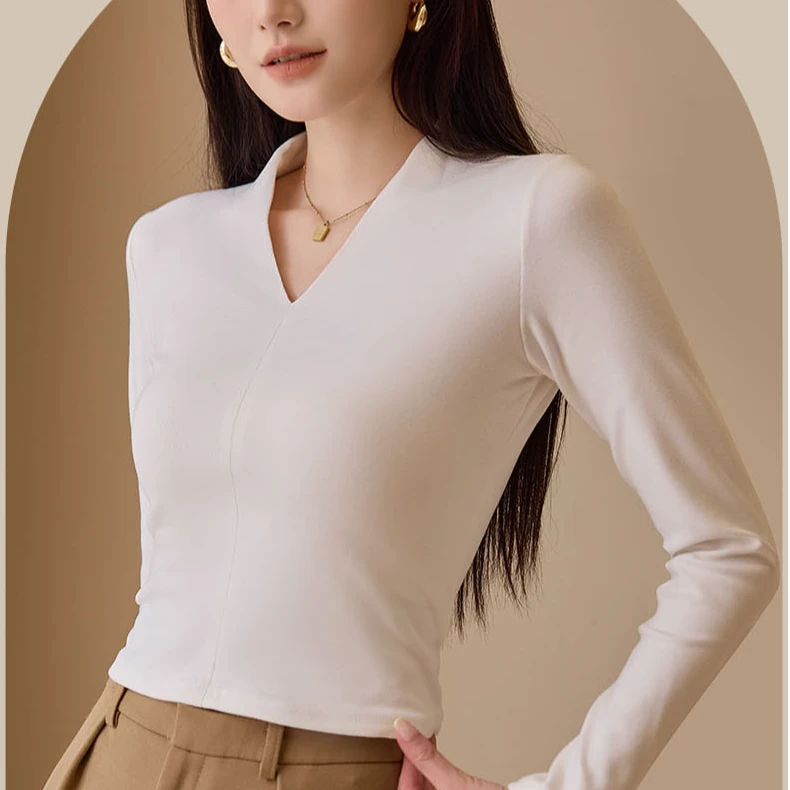 新款气质V领打底衫女新款长袖秋冬季修身显瘦可外穿黑色打底上衣