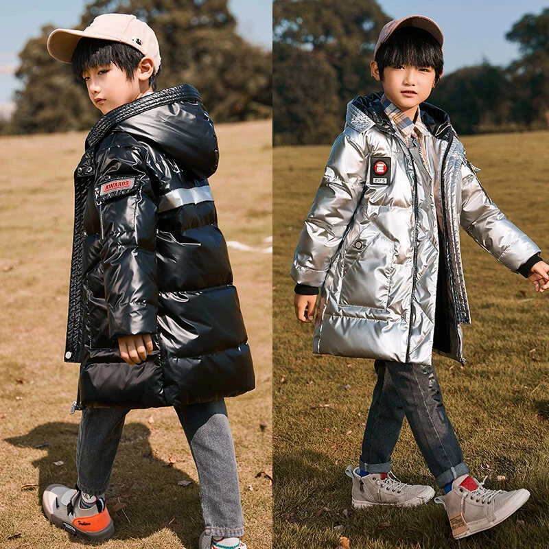 巴拉童年男童羽绒服中长款冬季加厚儿童免洗黑色中大童男款男孩冬