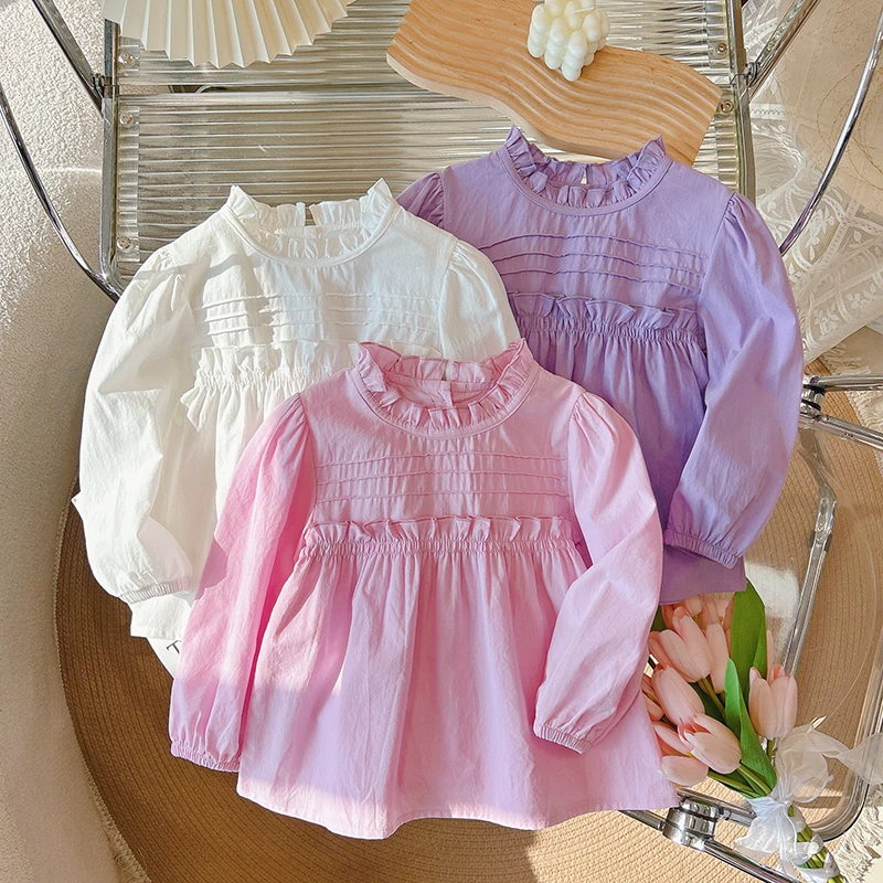 2024新款纯棉女童衬衫春秋长袖花边圆领娃娃衫甜美洋气公主衫A09