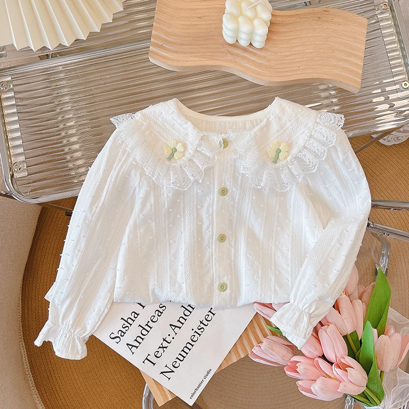 1318E纯棉衬衣衬衫春秋长袖女童娃娃领蕾丝花边四叶草洋气上衣