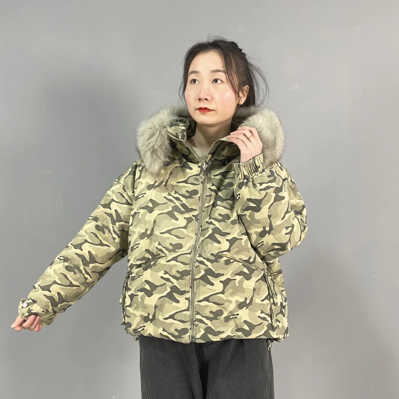 J女装瑕疵品1121151 迷彩冬保暖时尚宽松白鸭绒羽绒服款短羽绒服