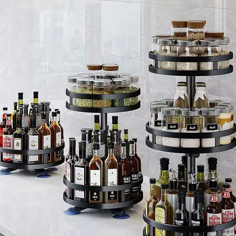 厨房旋转调料置物架圆形油盐酱醋收纳台面 360°旋转多功能家用