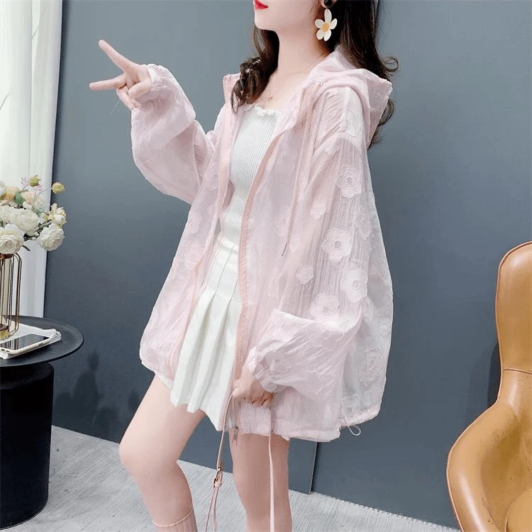 设计感镂空钩花长袖连帽防晒衣外套女夏季2025年新款宽松轻薄上衣