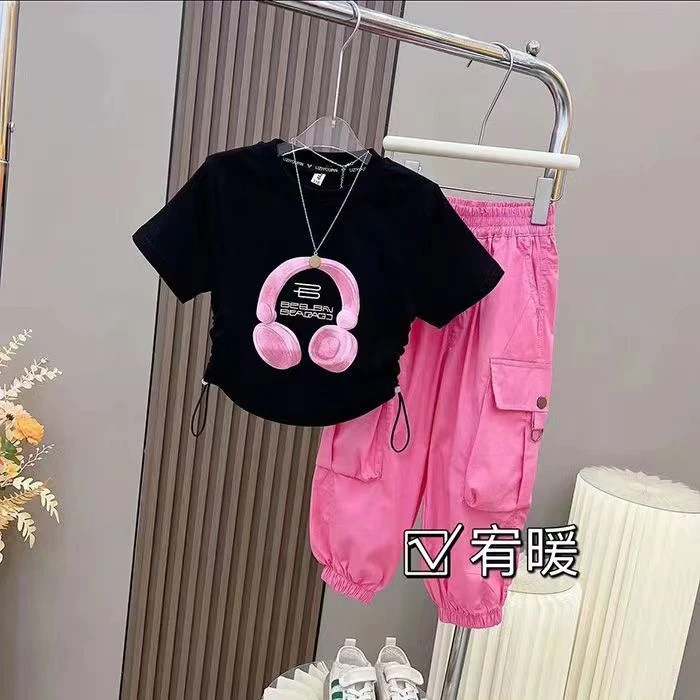 女童装夏季潮酷宽松工装裤薄款套装儿童洋气爵士舞街舞短袖两件套