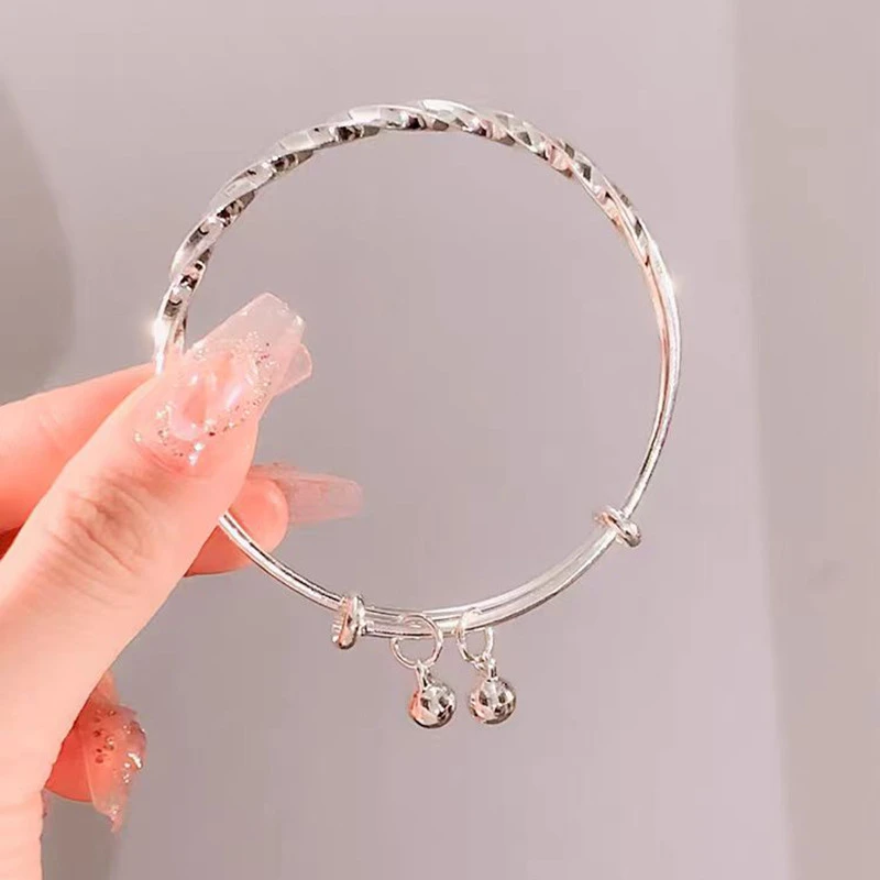 925银手镯 扭纹铃铛手镯女时尚简约莫比乌斯款可调节推拉式手环