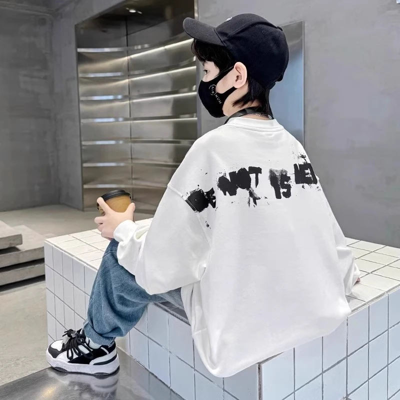 酷帅男孩长袖T恤纯棉宽松大码中大童装黑色男童体恤t春秋跳街舞潮