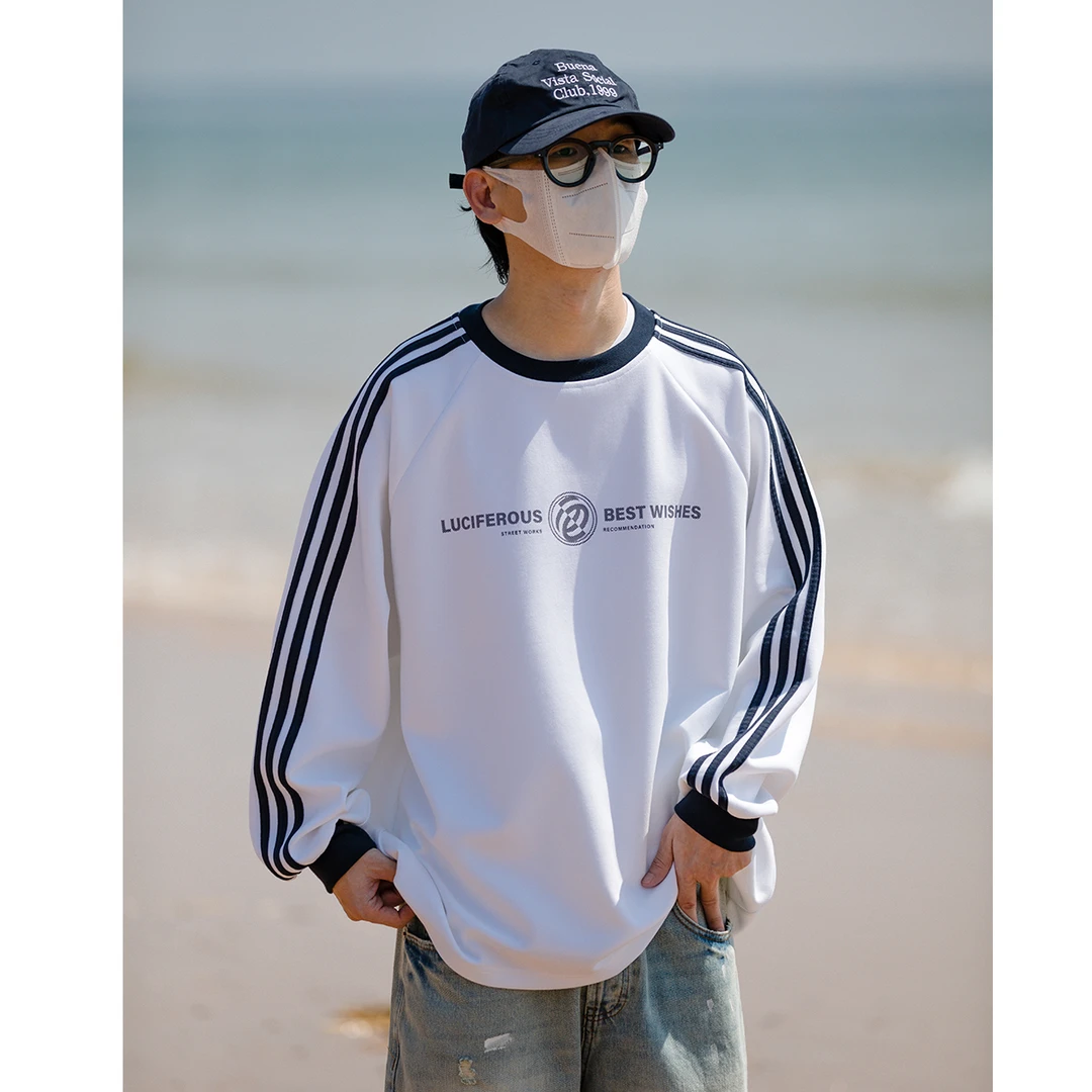 秋季新款复古情侣风日系圆领三条杠港风ins潮流百搭T恤 LF23228