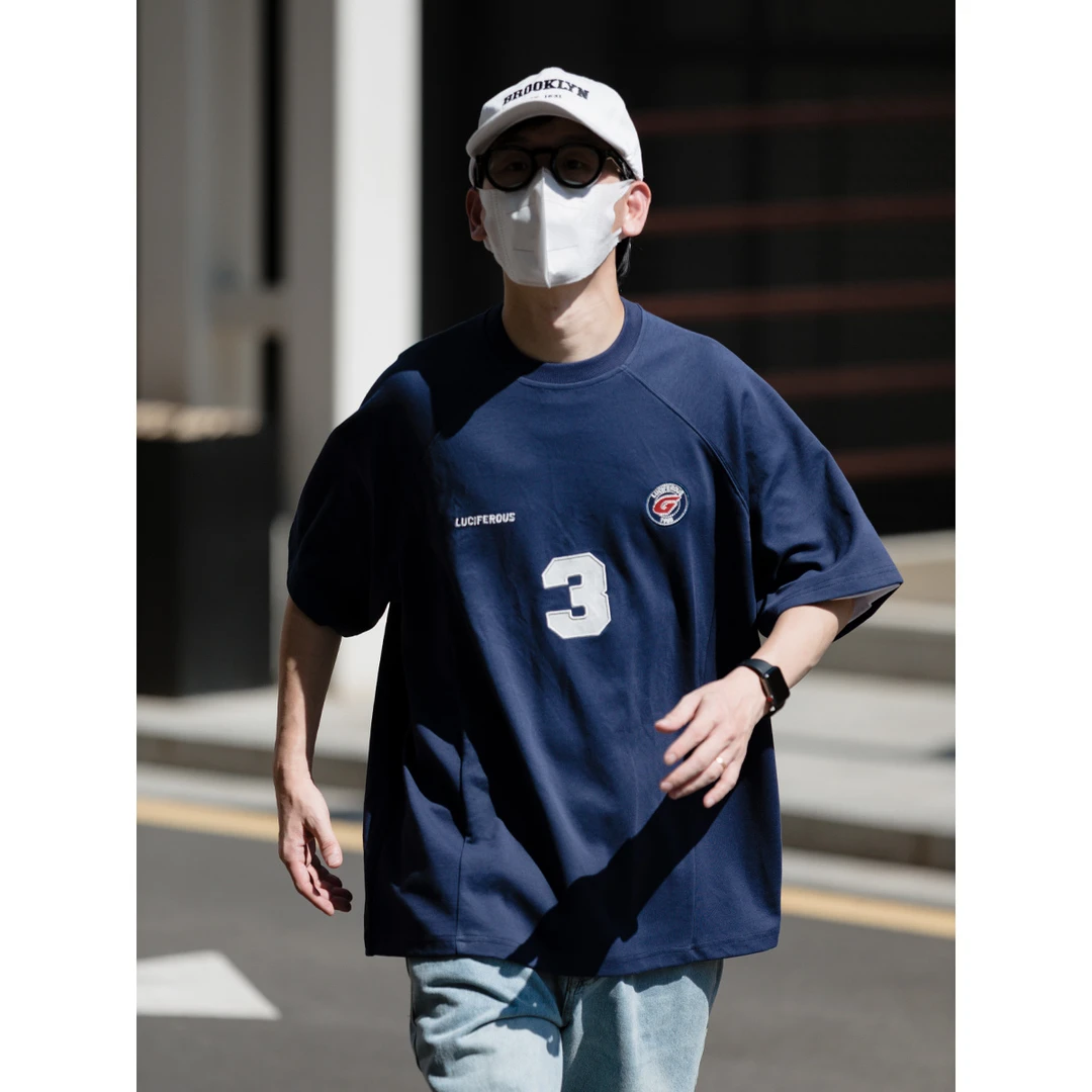 夏季新款贴布刺绣3短袖宽松日系复古情侣港风ins潮流T恤 LF24198