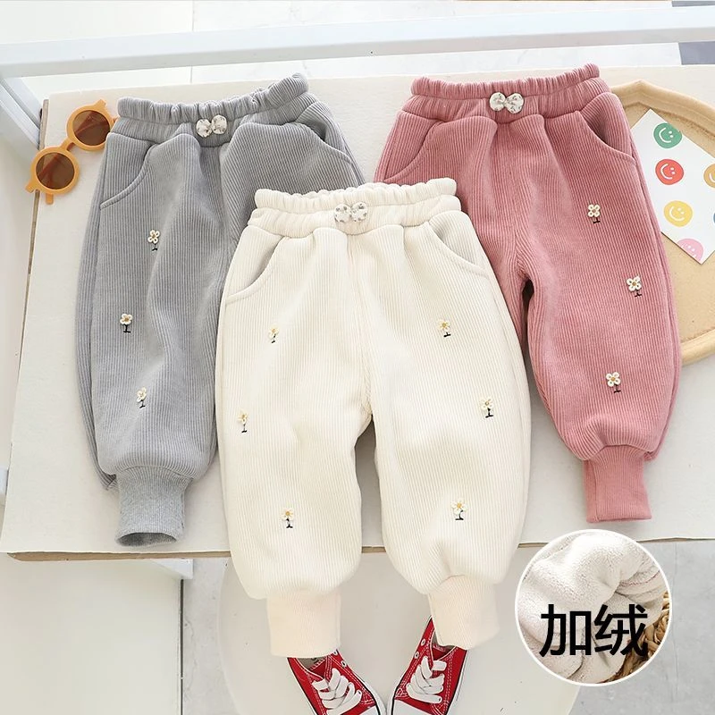 【鹏福】女童加绒裤子秋冬款宝宝加厚休闲裤外穿女孩灯芯绒薄绒长