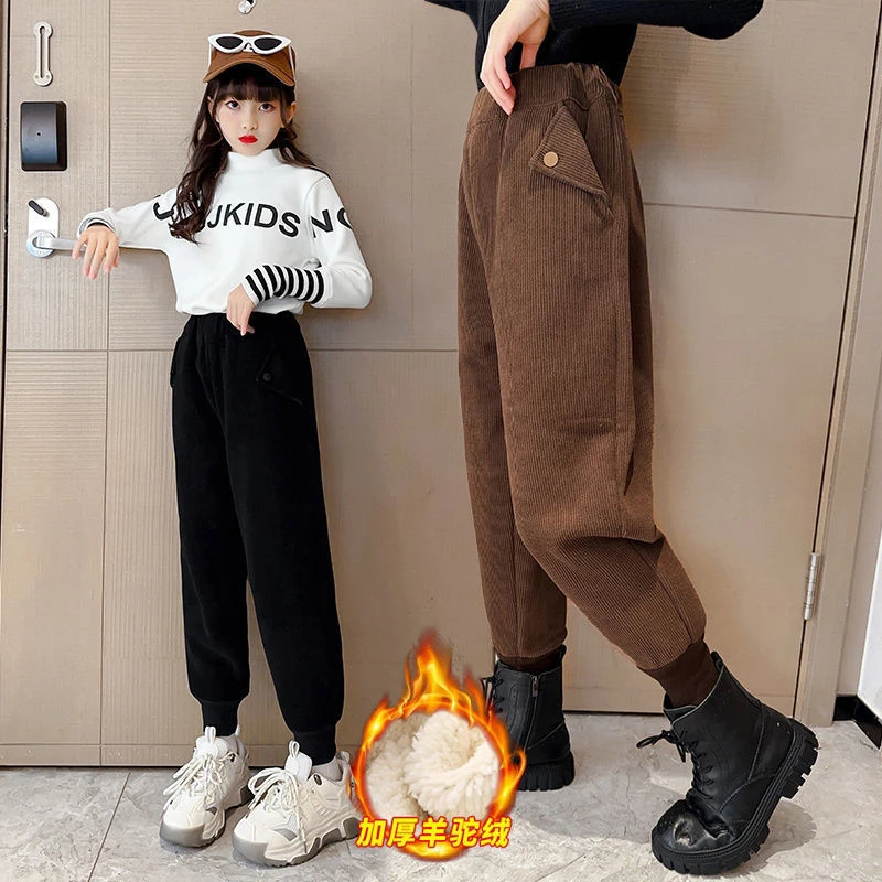 女童新款加绒加厚一体绒裤一条过冬保暖裤灯芯绒中大童卫裤休闲裤