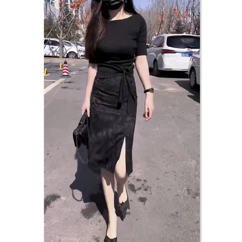 显瘦2025夏季新款修身收腰系带上衣开叉包臀半身裙女黑色气质时尚