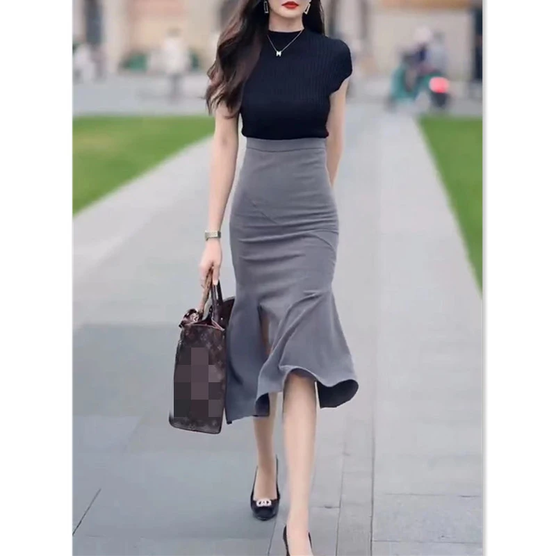 2025夏季新款纯色修身上衣荷叶边开叉鱼尾半裙女显瘦气质时尚高腰