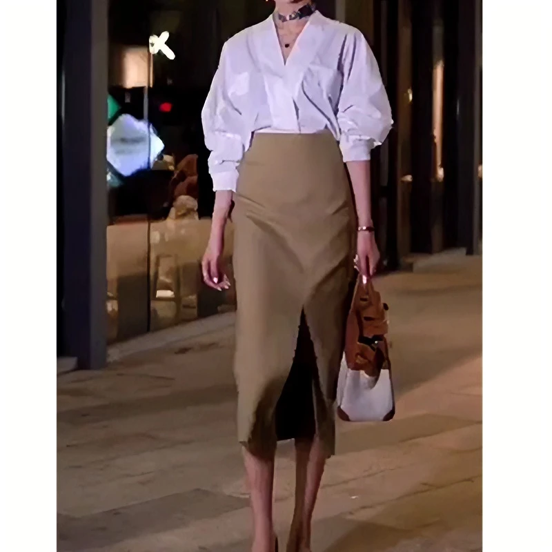 2025夏季新款白色长袖V领衬衫卡其色高腰半身裙女气质时尚显瘦