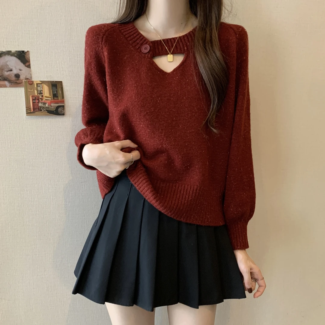红色V领针织衫今年流行毛衣女秋冬大码微胖mm显瘦打底衫亮片上衣