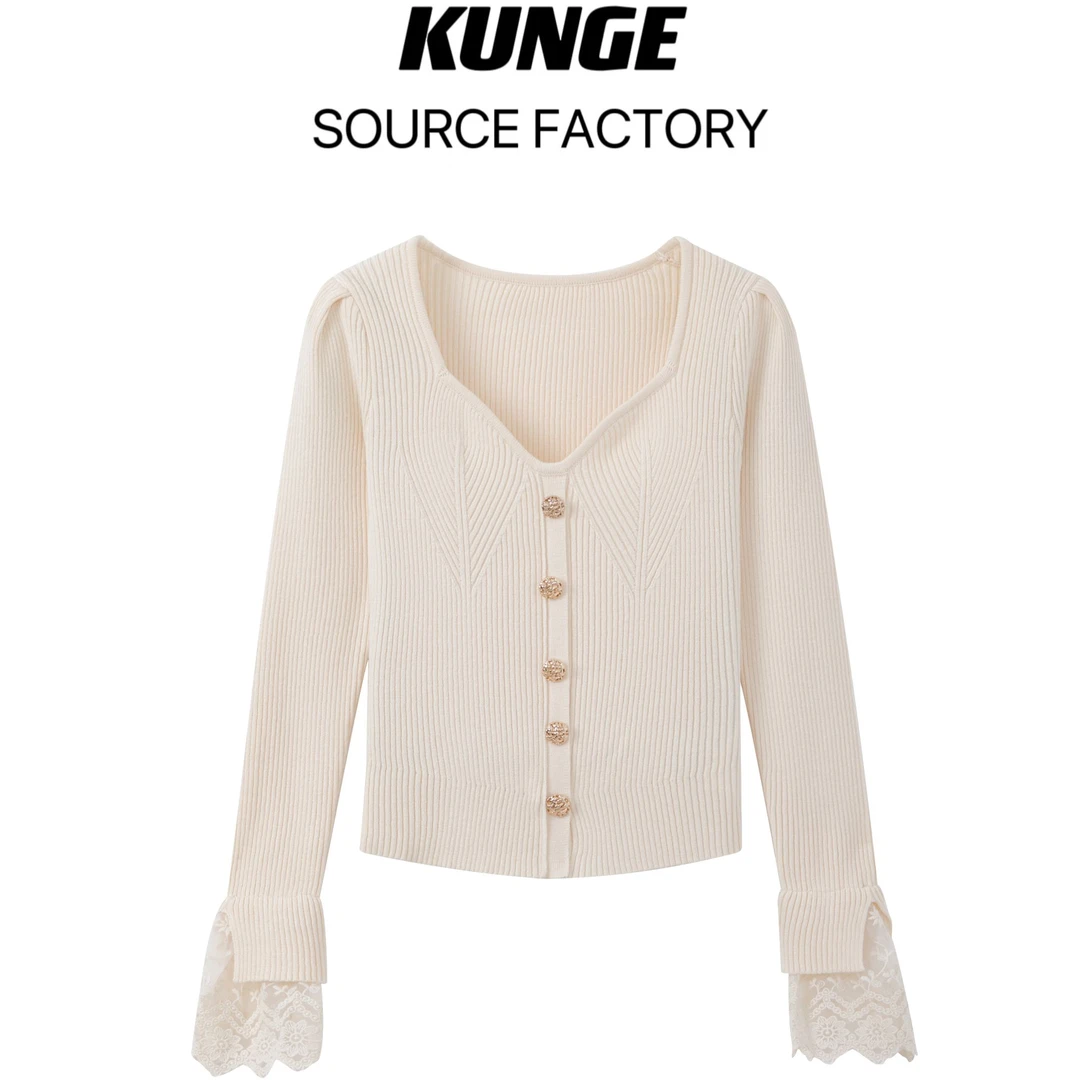 KUNGE秋季法式方领蕾丝花边针织衫女显瘦气质百搭毛衫-7829